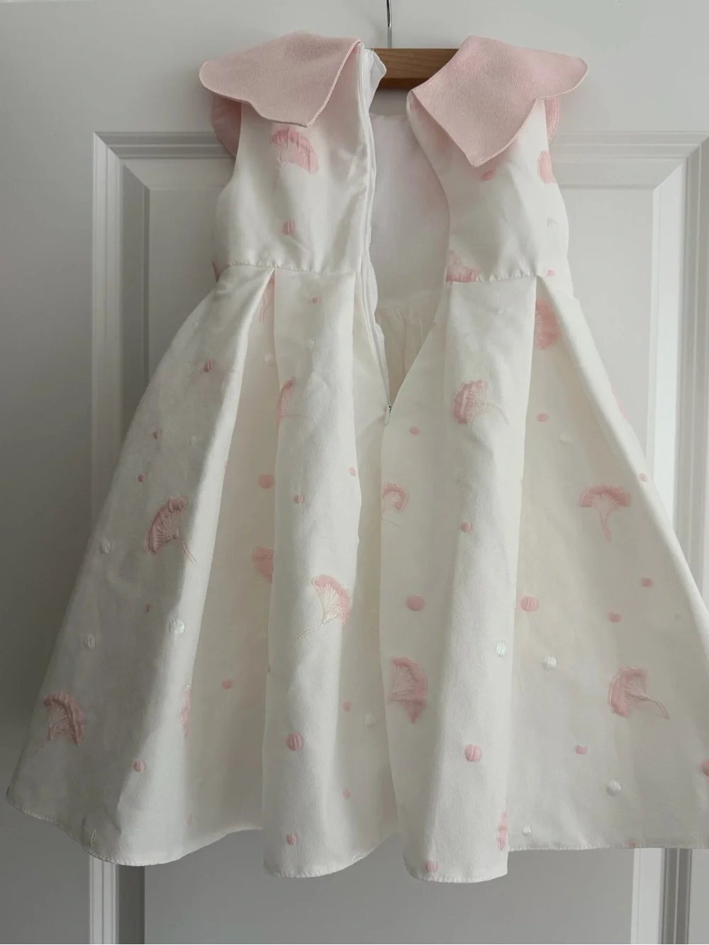 Girls' Pink Collar White Dress with Pink Embroidery